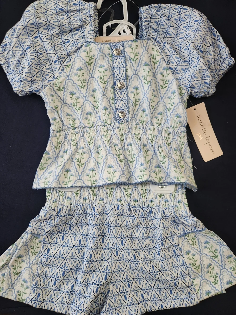 Nanette Lepore Light Blue and White Floral Girl's Matching Short Set, S4T, NWT